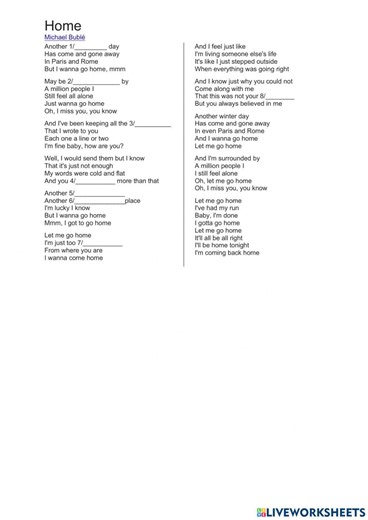 Home song worksheet