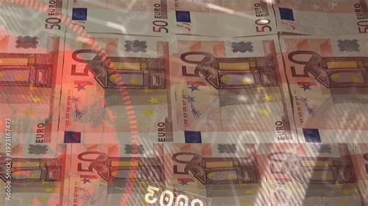 50 euro grid staying static, slatted light causing red circle moving, numerals rotating to project