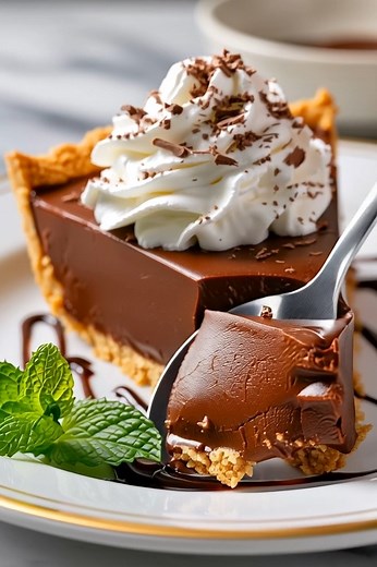 No-Bake Chocolate Silk Pie! Every silky-smooth slice features a rich, deep chocolate filling nestled in a crisp graham cracker crust, topped with fluffy whipped cream and chocolate shavings. An effortless yet impressive dessert! 🍫🥧✨ #ChocolateSilkPie #NoBakePie #ChocolatePie #EasyDessert #HomemadePie #GrahamCrackerCrust #WhippedCream #ChocolateLover #SweetTreat #DecadentDessert #HomeBaking #SimpleRecipe #DessertGoals #Foodie #QuickDessert #CreamyChocolate #MintGarnish | Recipes all time
