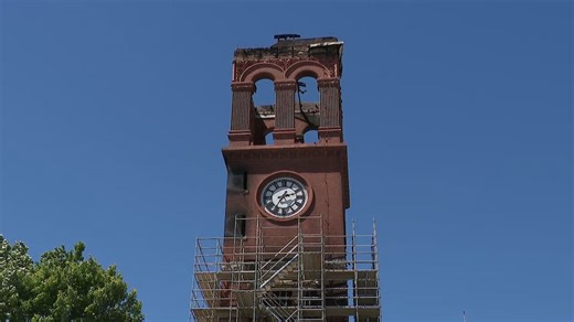 Steel cables strengthen burned-out Floyd County Courthouse tower as officials consider next steps