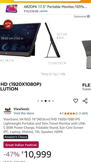 ViewSonic VA1655 16”(40.6cm) FHD 1920x1080 IPS Lightweight Portable and Slim Travel Monitor