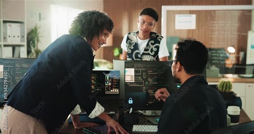 Coding, discussion or people with computer screen in office, framework script or debug test for maintenance. Talking, review algorithm or programmer team with software upgrade planning, smile or pc