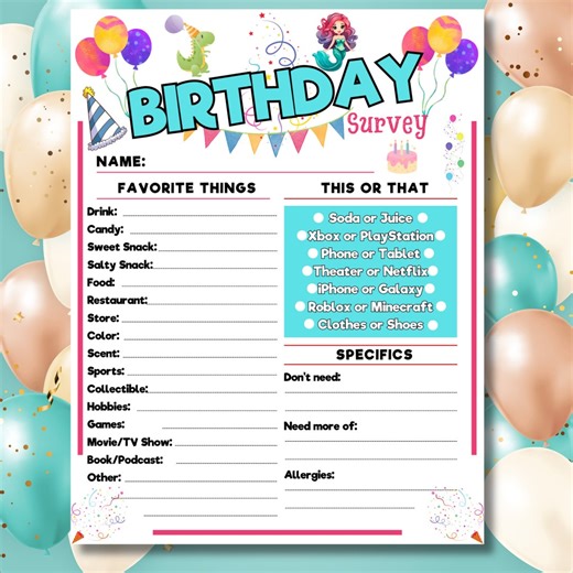 Birthday Survey, Birthday Questionnaire Printable, Getting to Know You Printable, Kids Questions, All About Me Survey, Gift Giving Ideas - Etsy