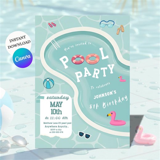 Pool Party Birthday Invitation Template, Editable Canva Invite (5x7in Digital Download) - Etsy