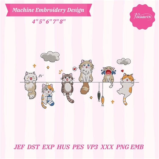 Cute Hanging Cats Embroidery Design | Cat Line Embroidery Pattern | Kawaii Cat Machine Embroidery | Nursery & Kids Embroidery | 4–8 Inch - Etsy