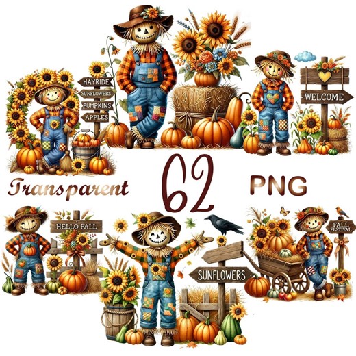 Fall Scarecrows Clipart – 62 PNG | Hello Pumpkin, Pumpkins, Autumn, Scarecrow Images, Fall Sublimation, Decals (digital Download) - Etsy