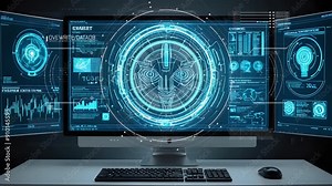 High-tech digital interface displayed on multiple monitors in a modern workspace. Technology concept