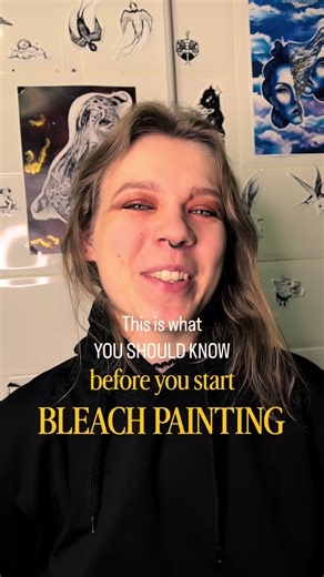 The basics you need to start bleach painting 🎨✨ \t1.\tPut cardboard inside to avoid bleach leaking to the other side \t2.\tCheck your bleach has sodium hypochlorite (active chlorine) – this is what actually lifts the color \t3.\tUse synthetic brushes – natural bristles will get destroyed \t4.\tChoose 100% cotton fabric for the best, most predictable results \t5.\tNeutralize with hydrogen peroxide when you’re done to stop the bleach reaction \t6.\tAlways wear gloves and a respirator mask – prote