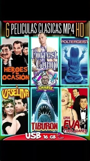 6 películas clásicas HD mp 4 producciones Charly memoria USB