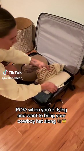 When you learn how to pack your new cowboy hat and can now take it with you literally everywhere 🤠 #hats #cowboy #cowboyhat #traveltips #packingtips