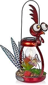 Alpine Corporation LYT286SLR-HH Solar-Powered Metal Rooster w/Garden Enclosed LED Light Decor, Solar Patio Decor, 16''H, Red
