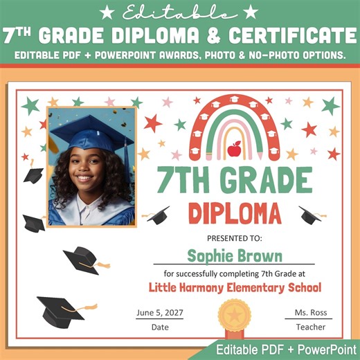 Editable 7th Grade Graduation Diploma & Certificate Set, Retro Rainbow Stars Theme, Photo and No-photo Awards, PDF and Powerpoint - Etsy
