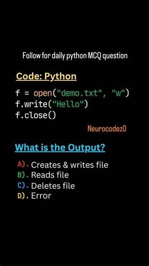 Shobhit Kumar on Instagram: "⚡Daily Python Challenge⚡ Comment your answer now ⬇️ — fastest coder gets pinned 🏆 Ready to level up your coding game? 🚀 “Brands: DM ‘Promo’ for collaboration” Follow @neurocodez0 #neurocodez0 #PythonCoding #PythonProgramming #LearnPython #DailyPython #CodeChallenge #PythonMCQ #PythonDeveloper #PythonForBeginners #CodeDaily #100DaysOfCode #programminglife #CodingQuiz"