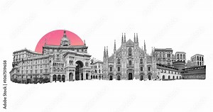 2D animation of Milan, Italy. Collage includes major landmarks like the castle, cathedral. Art design