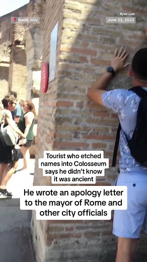 The tourist caught on video defacing a wall of the #Colosseum in #Rome by carving his and his partner's names into it claims in an apology letter that he was unaware the nearly 2,000-year-old amphitheater was ancient.