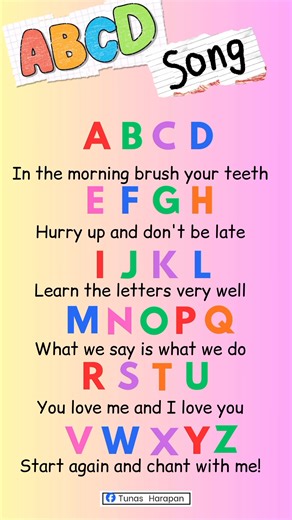 ABCD song ABCD In the morning brush your teeth EFGH Hurry up and don't be late IJKL Learn the letters very well MNOPQ What we say is what we do RSTU You love me and I love you VWXYZ Start again and chant with me #song #ABCD #alphabet #chant #Lingokids #ABCDchant | Tunas Harapan