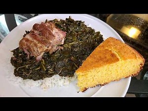 Collard Greens with smoked neckbones and Cast-iron skillet cornbread