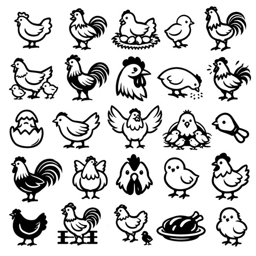 Chicken SVG Icons Bundle – 25 Unique Black Outline Chicken Icons, Bold Line Art, White Background, Cricut & Silhouette Cut Files - Etsy