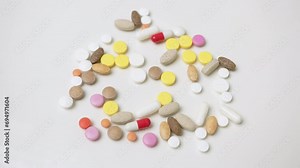 Various pills in different shapes and colors spread on a white table. A hand selects a single pill, symbolizing choice in medication and healthcare.