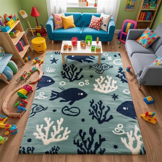 Hand-tufted Kids Rug, Ocean Theme Nursery Carpet, Fish & Coral Pattern - Etsy