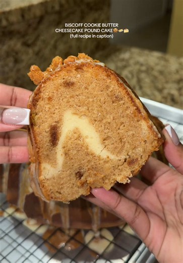 If you love cookie butter & cheesecake, this pound cake is for you, the PERFECT COMBO😍😮‍💨 RECIPE: 1 box @Betty Crocker yellow cake mix 1 cup @Pillsbury all purpose flour 1 vanilla packet @jello and 1 cup white sugar 1 cup melted unsalted @KerrygoldUSA butter 1 & 1/2 cups buttermilk 1/2 cup @Daisy Brand sour cream 4 eggs (room temperature) 1 tbsp vanilla extract or bean paste, a pinch of salt & 1 tsp cinnamon, nutmeg & allspice Whisk until smooth and then add 1 cup of crushed @Biscoff cookies 