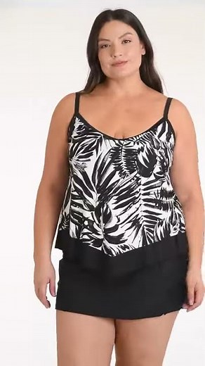 Maxine Plus Size Shadow Leaves Flutter Tankini Top | SwimOutlet.com