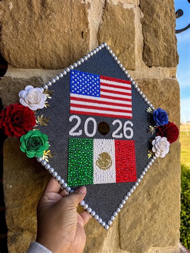 Ready to Ship! Premade Grad Cap Topper, 2026 Graduation Cap Decor, Mexican and USA Flag, Bling Grad Cap Decoration, Handmade Grad Cap Decor - Etsy