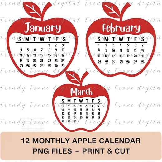 Apple Calendar PNG Files | 12 Month Print and Cut Set (digital Download) - Etsy