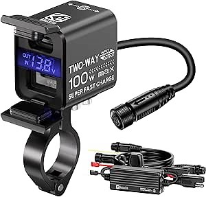 Kewig Motorcycle Battery Charger, Motorcycle USB Charger 100W Fast Two-Way Charging Dual PD Type C & QC 3.0 Motorcycle Charger with Voltmeter Waterproof Emergency Countermeasures for Weak Batteries