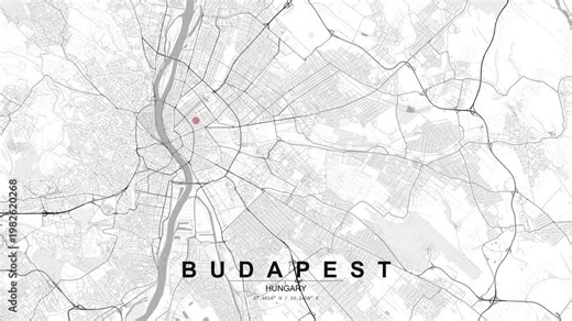 Detailed map of Budapest in Hungary with a red location pin highlighting a central area, showing river, bridges, and urban street network.