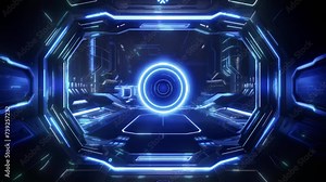 A technology-themed background with a dark, Bright blue lights highlighting a complex, A modernistic design of circuits and panels with radiant light Livestream loop Screen background, overlay loop, Stock Video