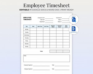 Employee Time Sheet | Editable Timesheet Template | Printable Timecard | Staff Work Hours Tracker | Weekly Timekeeping Sheet - Etsy