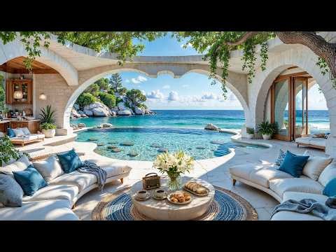 🌊 Tropical Coastal Escape | Mediterranean Villa, Morning Coffee, Soft Jazz & Ocean Breeze Sounds ☕