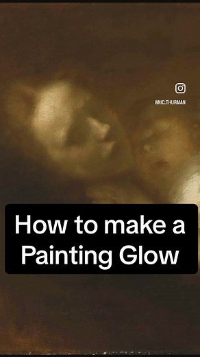 What makes a painting glow? Diffused contours. What are diffused contours? Blurred lines or blurred edges where objects blend together. How do diffused contours create glow? You can imagine this like light is emanating from the glowing object and as a result softening the edges that it passes over. In other words, light flows from bright areas into the surroundings. With only sharp outlines the light would remain trapped. With blurred edges the light feels like it is glowing from a source. How c