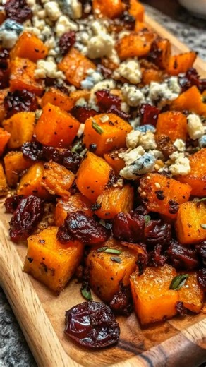 Butternut squash cubed. Sprinkle olive oil, salt, pepper, drizzle honey. Roast at 400°F for 25 minutes, then top with cranberries, gorgonzola, and balsamic glaze. Sweet, tangy, and creamy with caramelized edges. 🎃🧀🍇 Ingredients ➤ 1 medium butternut squash (about 900 g), peeled, seeded, cubed ➤ 2 tbsp olive oil (30 mL) ➤ 1 tbsp honey or maple syrup (15 mL) ➤ ½ tsp sea salt (3 g) ➤ ¼ tsp black pepper (1 g) ➤ ½ cup dried cranberries (60 g) ➤ ⅓ cup gorgonzola cheese, crumbled ➤ 2 tbsp balsamic gl