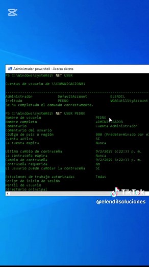 🛡️ Gestionar usuarios locales administradores con POWERSHELL⚙️ 📌 Resumen de Acciones en PowerShell (Windows 10/11) 🔹 1. Crear un usuario local con permisos de administrador 1️⃣ Abrir PowerShell como administrador 2️⃣ Ejecutar: New-LocalUser -Name