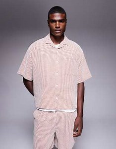 ASOS DESIGN boxy oversized waffle revere shirt in brown and white (part of a set) | ASOS