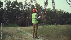 Industrial engineer using tablet for work at electrical power plant. Specialist examines high voltage network, using clipboard with documentation and engineering charts. Checking the power grids.