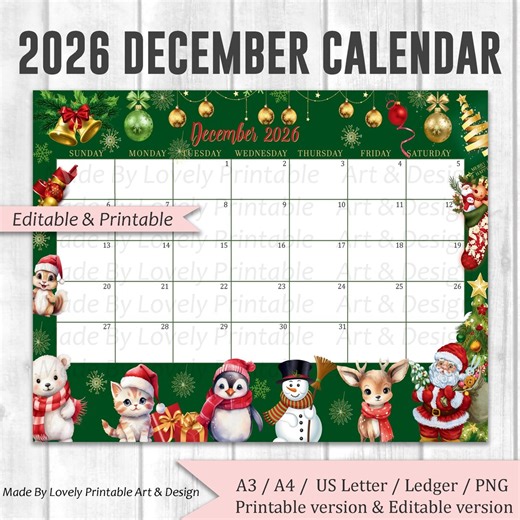 EDITABLE December 2026 Calendar, Joyful Merry Christmas, Printable Monthly Calendar, Christmas Planner, Kids School Schedule, Instant Downlo