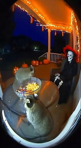 Raccoon Caught Stealing Halloween Candy! 🦝🍬🎃 | Spooky Porch Surprise 👻✨