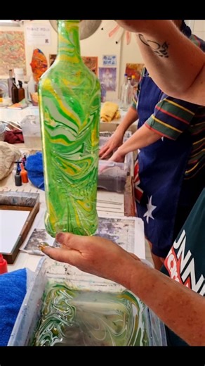 Once you have mastered the basics of Water Marbling 3D Objects in my Brisbane workshops, nothing will stop.You'll be upcycling large glass bottles like this in no time 😃❤️. Plus they look awesome with plant cuttings or fairy lights in them 😀 #glasswatermarbling #glassmarbling #brisbaneartclass | Raynbow Crow Studios