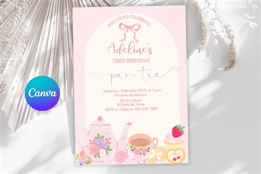 Printable Tea Party First Birthday Invitation- Pink Girl Par Tea- Digital Canva Template - Etsy
