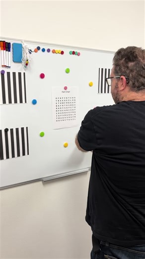 A great activity to work on oculomotor function, central-peripheral vision integration, and bilateral integration! . The patient has to use both hands to touch the magnets in their peripheral vision while reading the chart with their central vision. It’s important to alternate hands when touching the magnets to have the patient cross over their midline on both sides. The stripes in the periphery is to add more peripheral visual stimuli and increase the difficulty! . #visiontherapy #optometry #co
