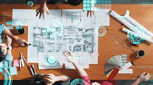 Top down view of business team with casual outfit looking laptop screen and sharing idea. Aerial view of manager works and checking color palette at table with statistic graph holographic. Symposium.