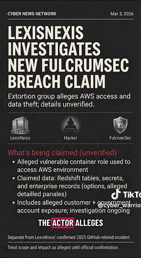 An extortion group called FULCRUMSEC is claiming a new LexisNexis breach and says LexisNexis is investigating. This is alleged/unverified right now and separate from the confirmed 2025 GitHub-related incident. Why you should care: if true, stolen identity/profile data can fuel phishing, scams, and account takeover. Follow for updates as confirmation emerges.