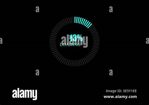 A circular loading indicator displays 38% progress with a cyan colored segment filling a portion of the ring. The text "LOADING" is centered below the percentage. The entire graphic is set against a solid black background, creating a stark contrast Stock Video Footage - Alamy