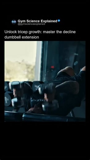 Gym Science Explained on Instagram: "Watching a proper decline dumbbell tricep extension is a masterclass in isolating the long head of the triceps. The decline angle offers an incredible stretch at the bottom, maximizing muscle fiber recruitment during the eccentric phase and putting those fibers under intense, controlled tension. If you’re not utilizing intelligent variations like this, you’re leaving gains on the table. Standard overhead or flat bench extensions are solid, but the decline pro