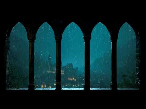4K Projector Window View: Gothic Castle Ambience 🏰 Gentle Rain Sounds for Sleep & Insomnia Relief