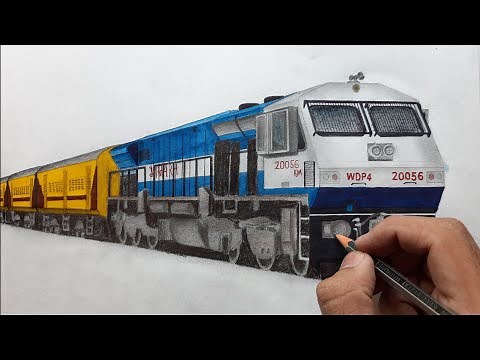 Drawing a train: WDP-4 Locomotive hauling train with Utkrisht coaches: Indian Railways