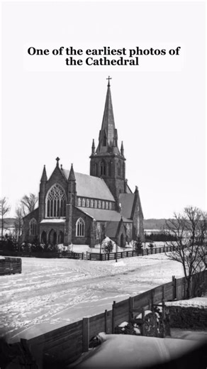 Fredericton Heritage Trust on Instagram: "Did you know this is one of the earliest photos of Christ Church Cathedral? Taken around 1863, it shows the west end and a very different landscape. The steeple looks small for such a large church, reflecting limited funds, and the trees are young — that row of evergreens is long gone. There’s no railway bridge yet, and even the board fences hint at daily life back then. This photo was later re-shot by the photographer George Taylor, who added figures an